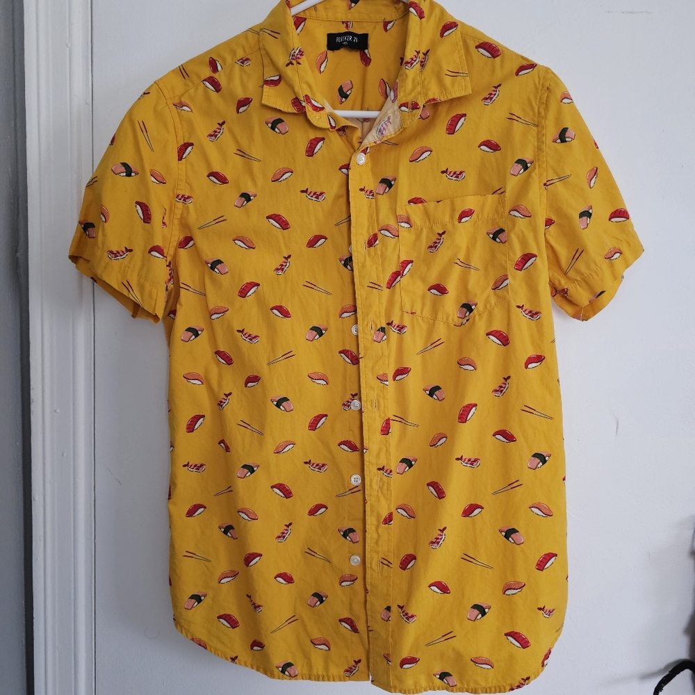 Like New Forever 21 yellow sushi chopsticks button up shirt, S